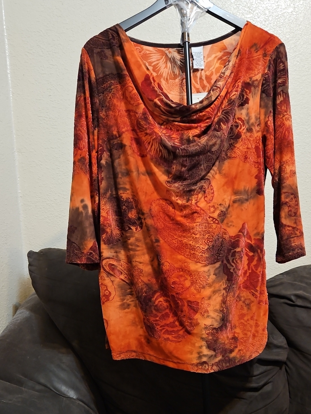 Sami & Jo Orange and Brown Paisley Velvet Burnout Cowl-Neck Tunic Top